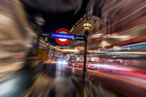 The fastness of the city is shown through light streeks and motion blur, London, Great Britain,