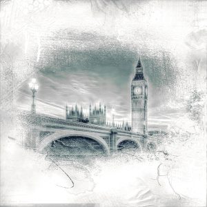 A painterly expression in scrapbook style of an evening looking at the Westminster bridge and Houses of Parliament at sunset, duo-toned, London, Great Britain,