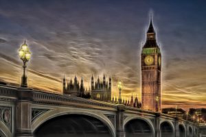 A painterly expression of an evening looking at the Westminster bridge and Houses of Parliament at sunset, London, Great Britain,