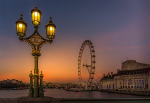 Lovely sunset and view toward the London Eye in golden hour light, London, Great Britain,