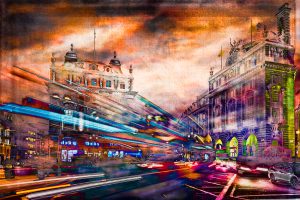 Light streaks of London buses in bright colours showing the fastness and buzz of the city, London, Great Britain,