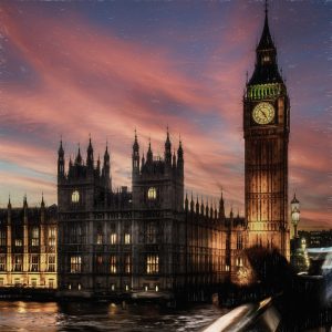 London, Great Britain, Houses of Pariament, Big Ben at sunset, artistic image, painerly